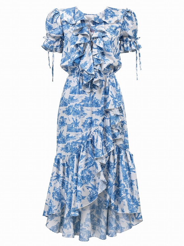【新品DRESS 173】花柄フリルアシンメトリースリットロングドレス ホワイトブルー【ODI ET AMO】